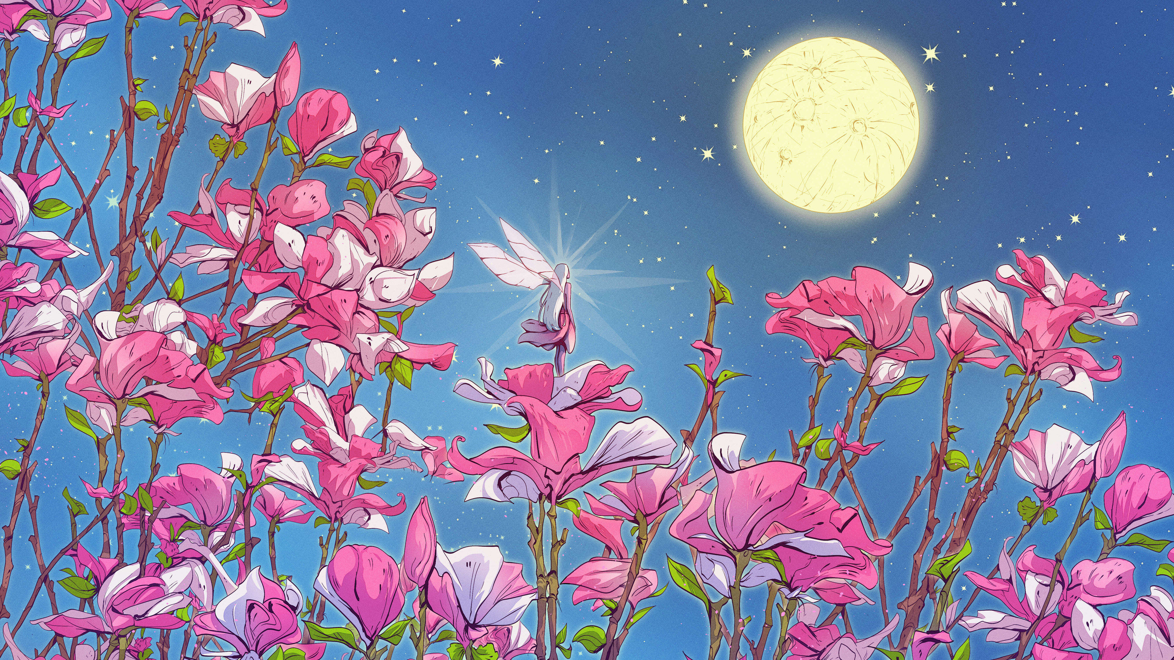 Free download Fairy AI Art Fantasy Art Flowers Night Sky Moon Stars Magnolia Elf 4K Wallpaper, Wallpaper(s) website provided.