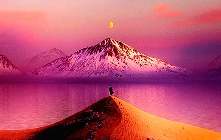 Free download lonely standing man landscape mountain top dune mountain water sun sky nature snow sand hat 4K wallpaper, Wallpaper(s) website provided.