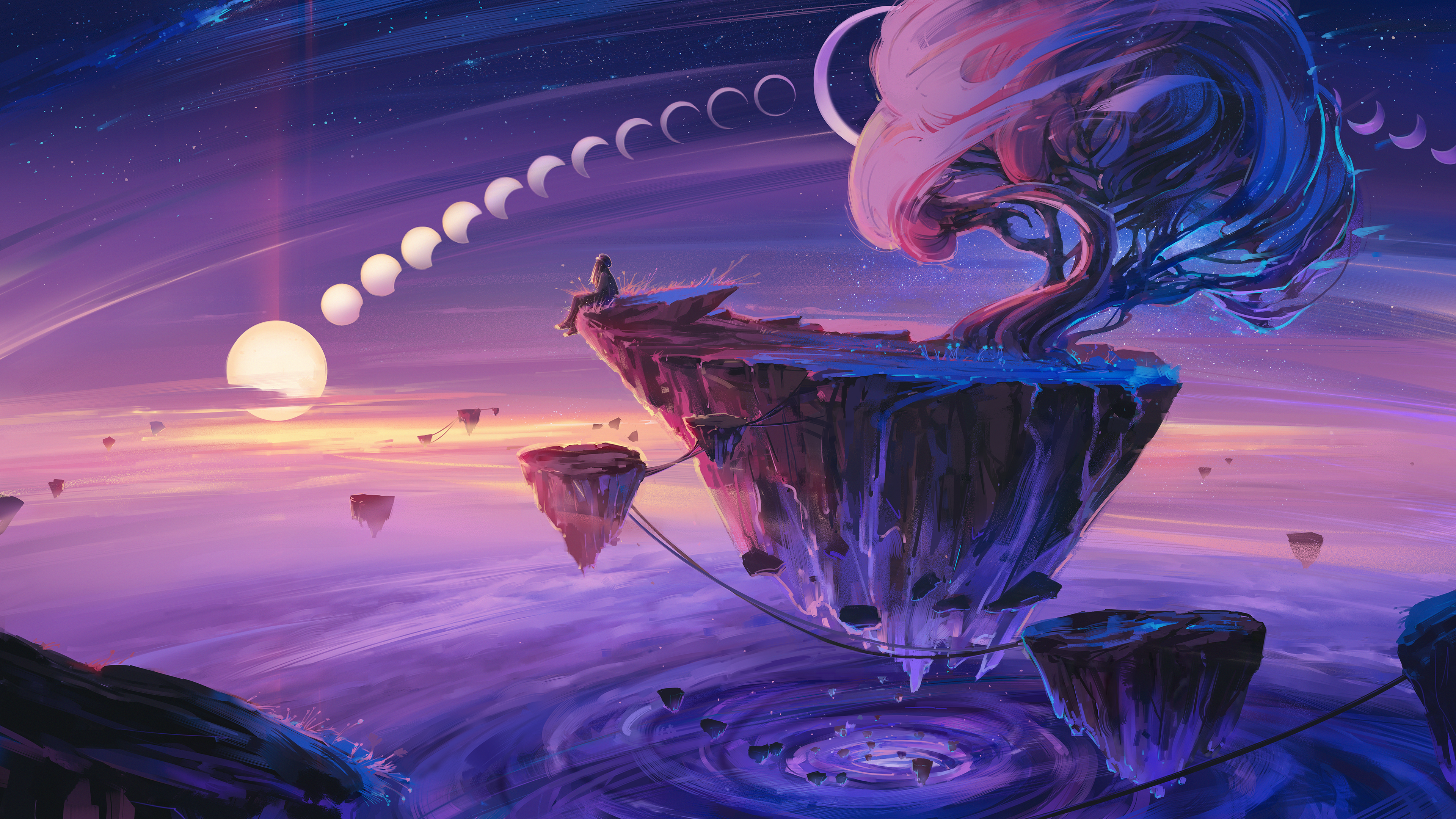 Free download AI Art Illustrations Landscape Nature Fantasy Art Floating Island Trees Moon Painting 4K Wallpaper, Wallpaper(s) website provided.