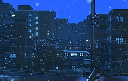 Free download blue night dusk headlight apartment street lights snowing sidewalk wires trees city train bridge railing melancholy 4K wallpaper, Wallpaper(s) website provided.