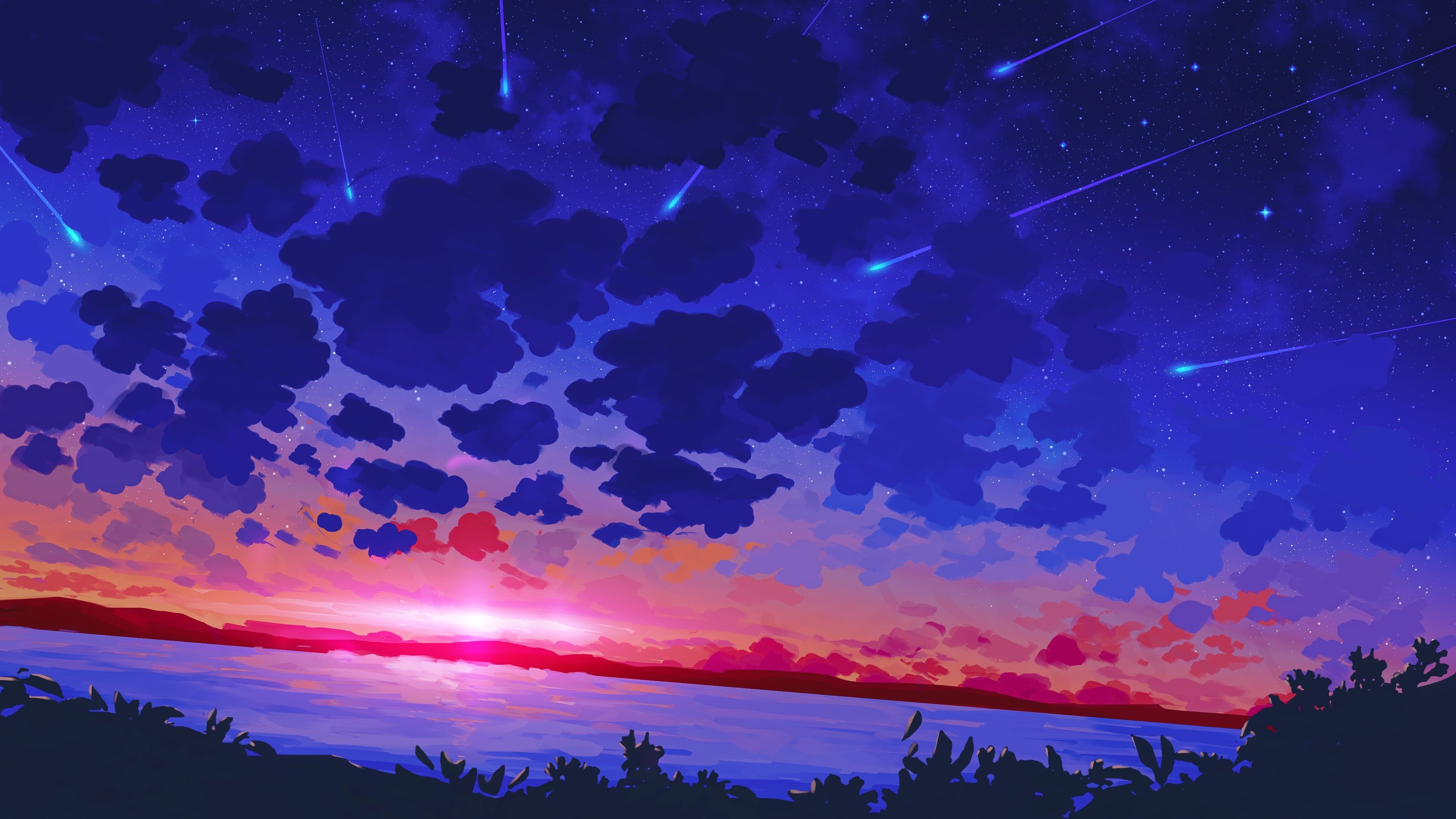 Free download Digital Painting Landscape Sunset Sky Cloud Lake AI Art Stars 4K Wallpaper, Wallpaper(s) website provided.