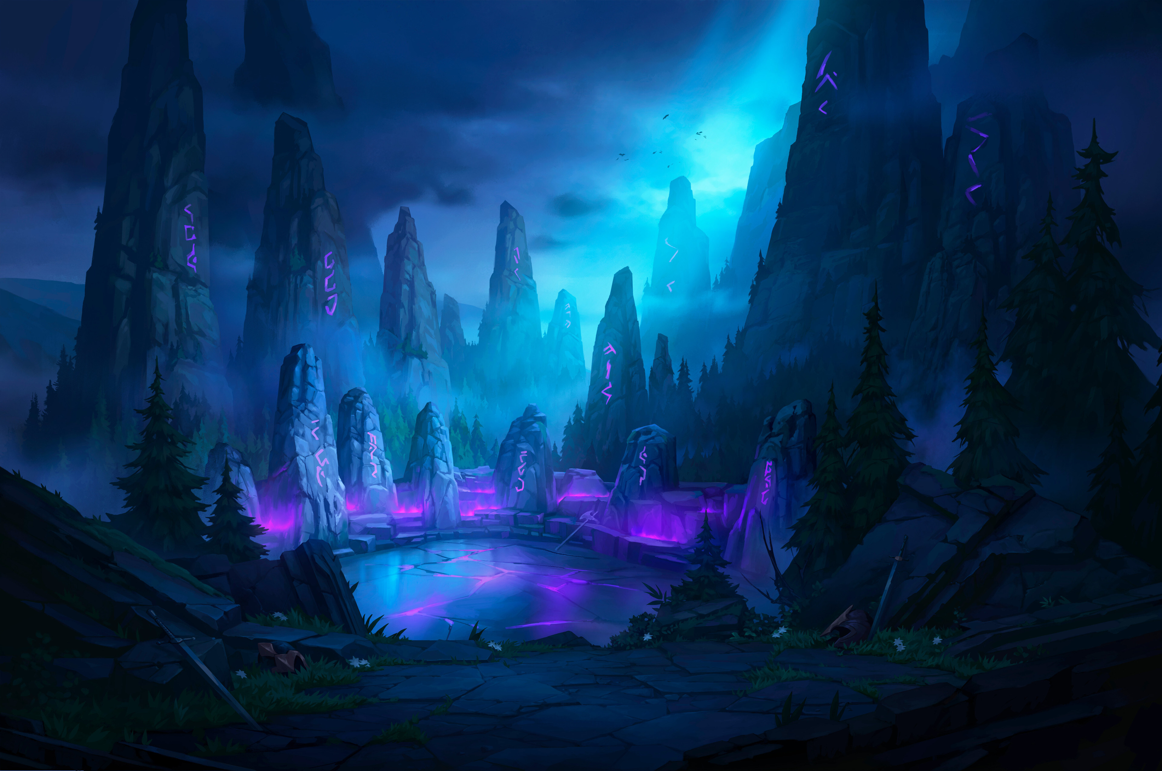 Free download Painting Landscape Mountains Dark Night Runes Stone Forest 4K Wallpaper, Wallpaper(s) website provided.
