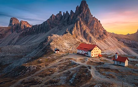 Free download landscape mountains nature stone sky houses top path hills peaks sunset cottage lights dolomite 4K wallpaper, Wallpaper(s) website provided.