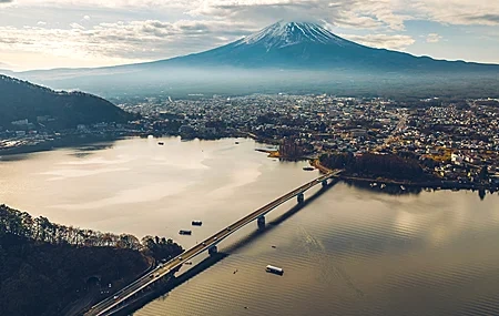 Free download nature landscape trees river water bridge town fog sky cloud boat vision drone photo 4K wallpaper, Wallpaper(s) website provided.