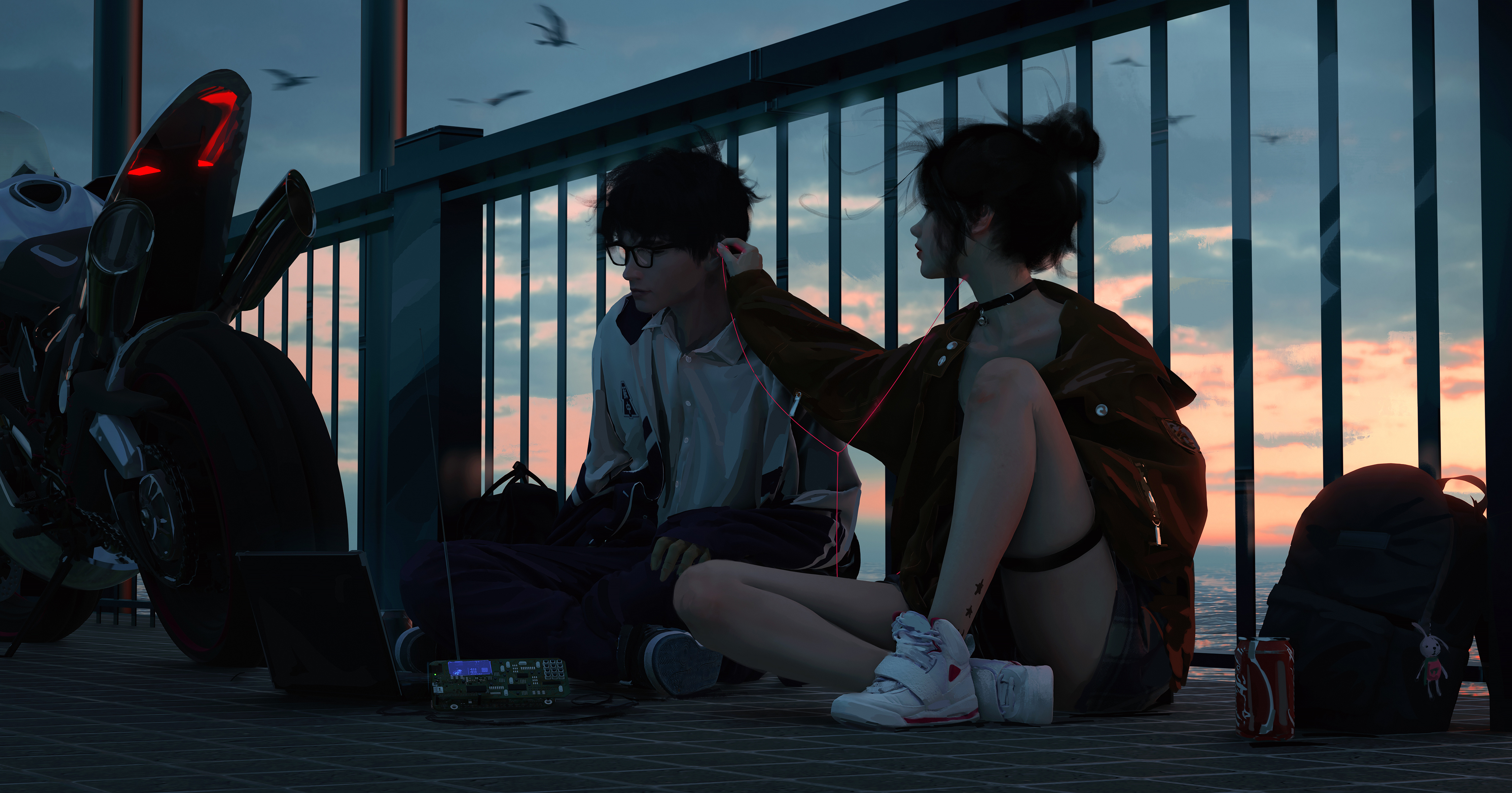 Free download Couple sitting female long hair brunette digital artwork illustration digital painting man cloud motorcycle necklace sneakers red jacket 4K wallpaper, Wallpaper(s) website provided.