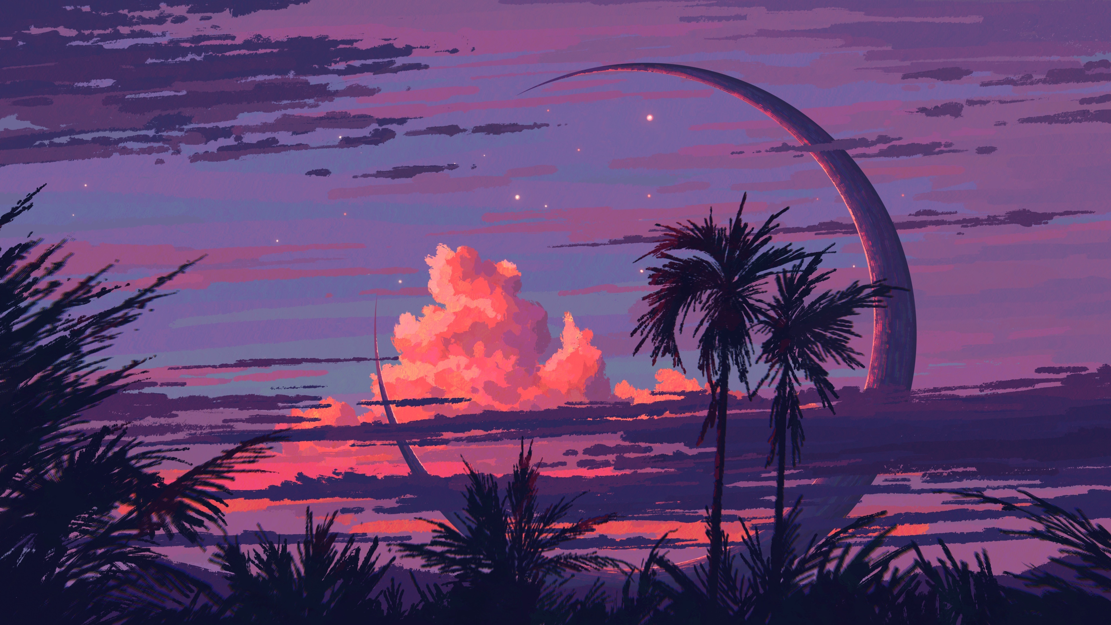 Free download Digital art artwork illustration digital painting landscape cloud moon palm trees sunset stars 4K wallpaper, Wallpaper(s) website provided.