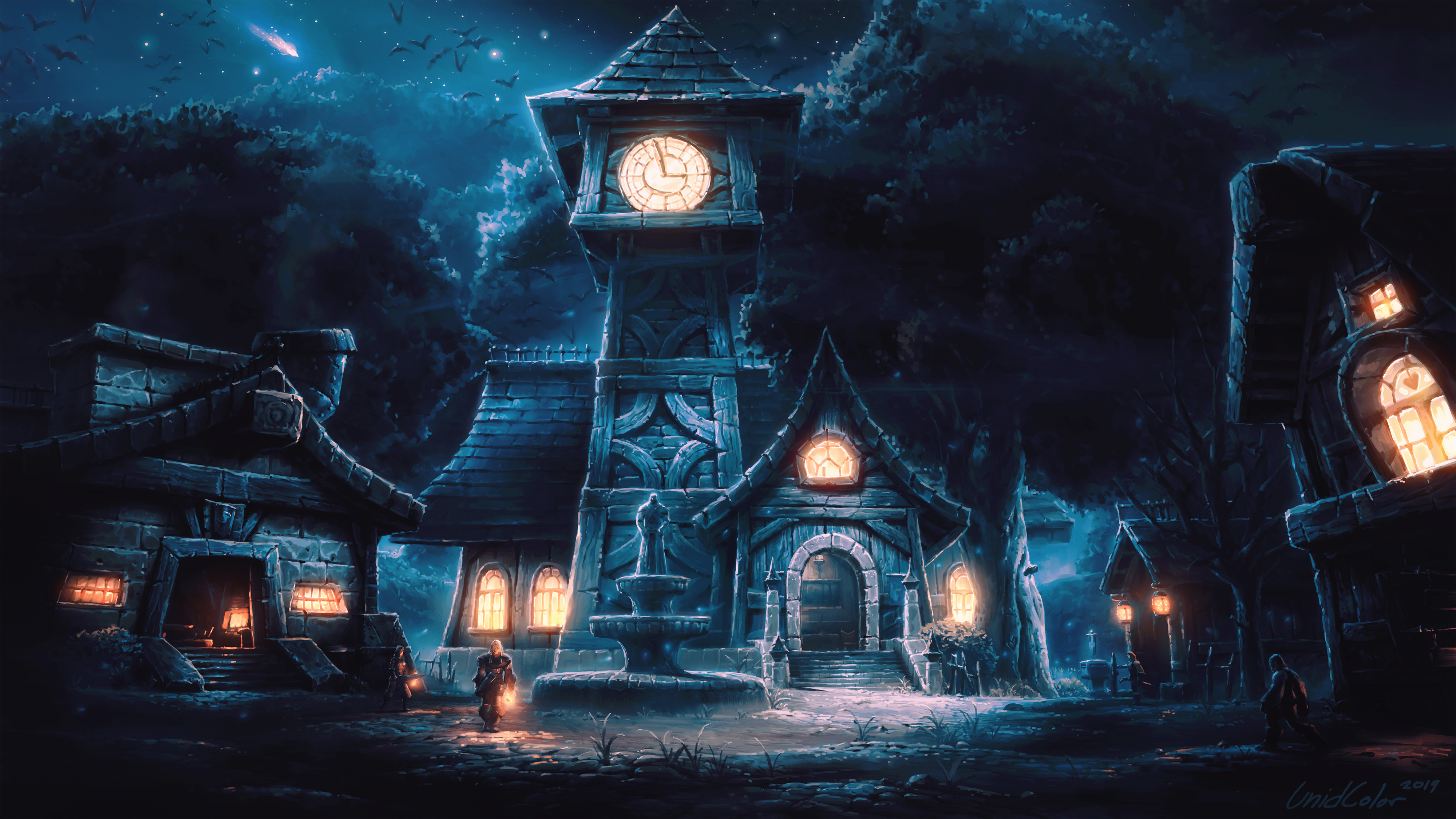 Free download AI Art Fantasy Art Electronic Game Art Warcraft World of Warcraft Landscape Town Tower Bell Tower Light Night Sky Tree Nature Stars Comet Dark Wood Dusk 4K Wallpaper, Wallpaper(s) website provided.