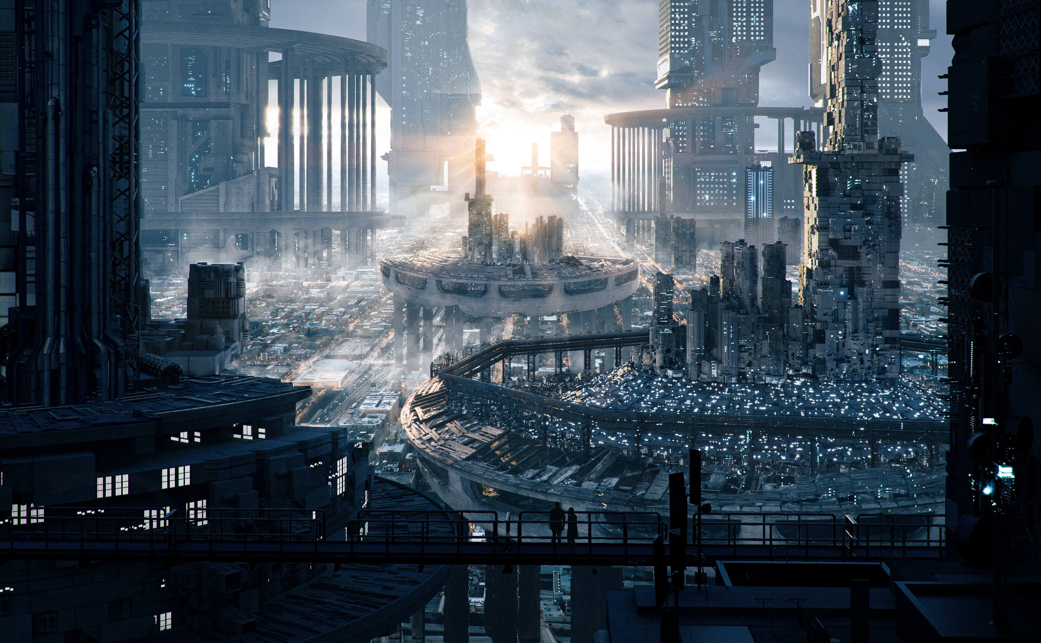 Free download AI Art Science Fiction Novel City Landscape Future Cyberpunk Dystopia Concept Art Architecture Skyscrapers Sunrise 4K Wallpaper, Wallpaper(s) website provided.