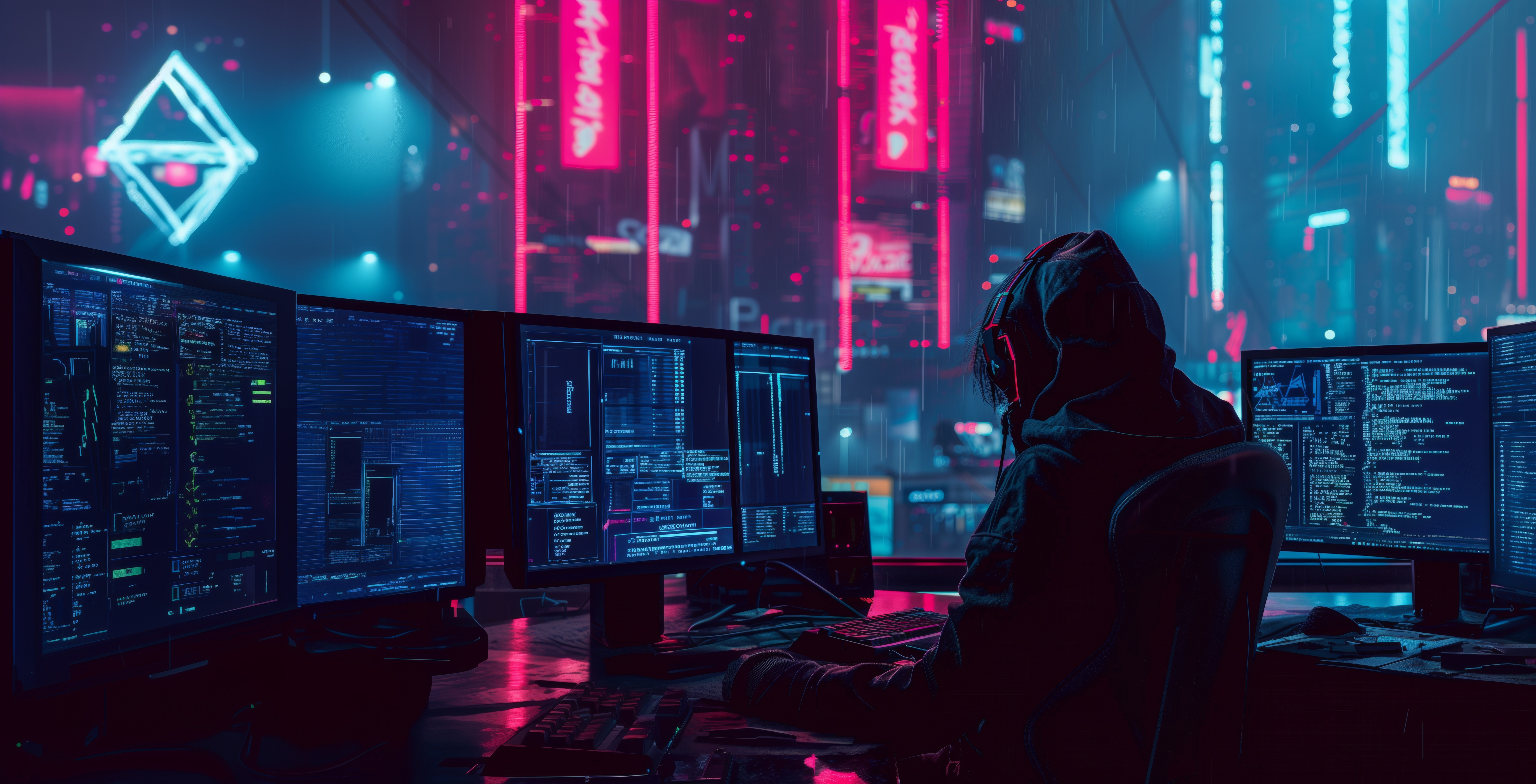 Free download Artificial Intelligence Art Science Fiction Cyberpunk Hacker Screen Headphones Neon Futuristic Computer Wallpaper 4K Wallpaper, Wallpaper(s) website provided.