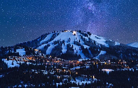 Free download nature landscape night light sky mountains snow trees village winter stars galaxy stargazing 4K wallpaper, Wallpaper(s) website provided.