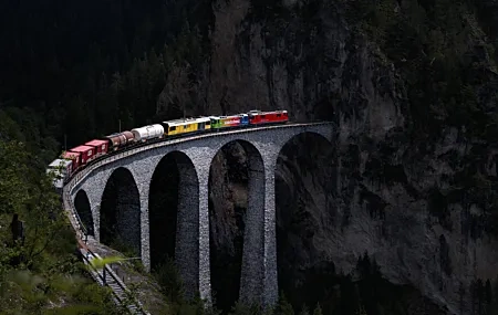 Free download Landscape Mountains Trees Plants Bridge Construction Railway Train Locomotive Electric Motor Vehicles Overpass Scarecrow 4K Wallpaper, Wallpaper(s) website provided.