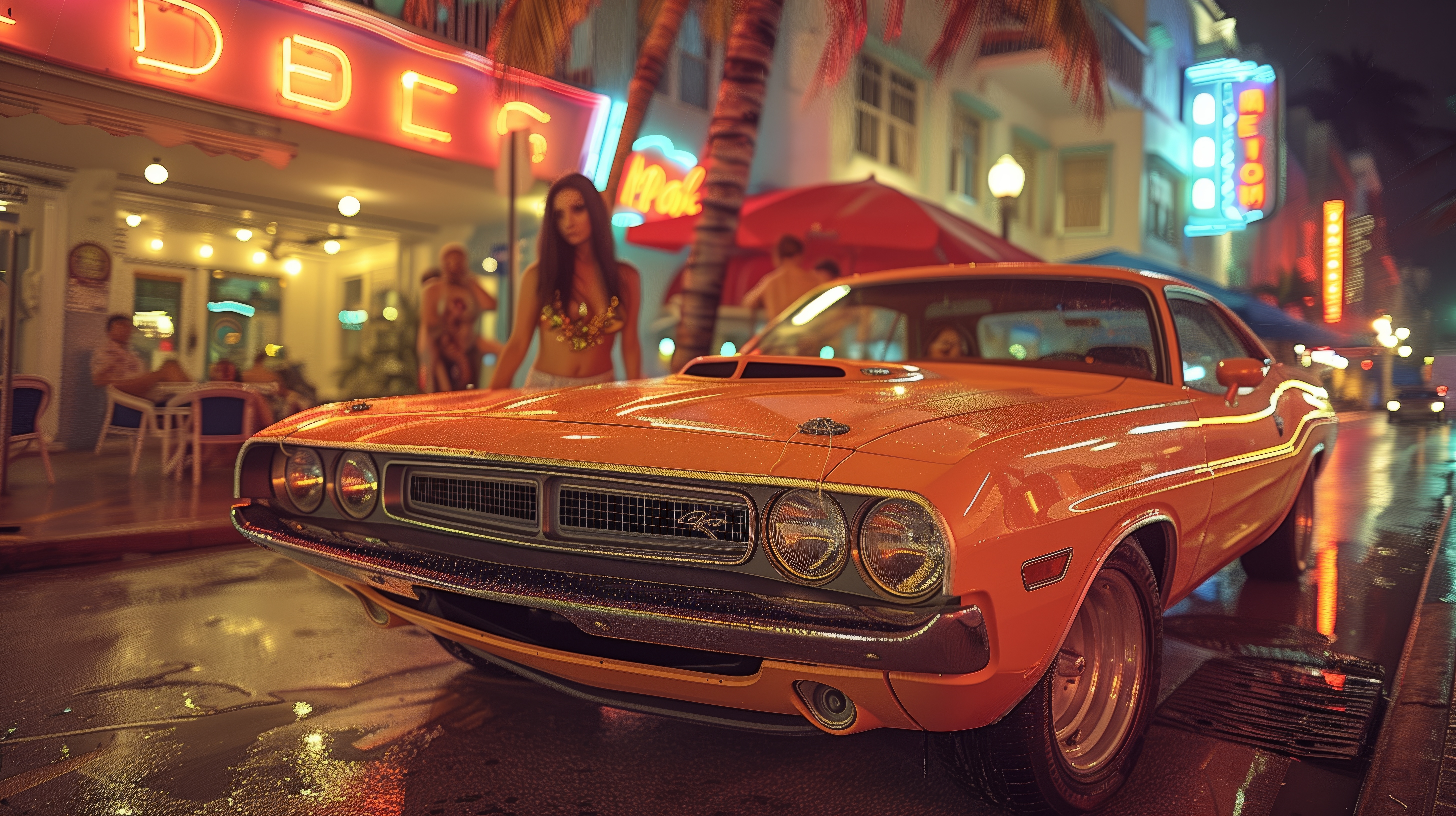 Free download Woman Artificial Intelligence Art Car Dodge Miami Orange Computer Wallpaper 4K Wallpaper, Wallpaper(s) website provided.