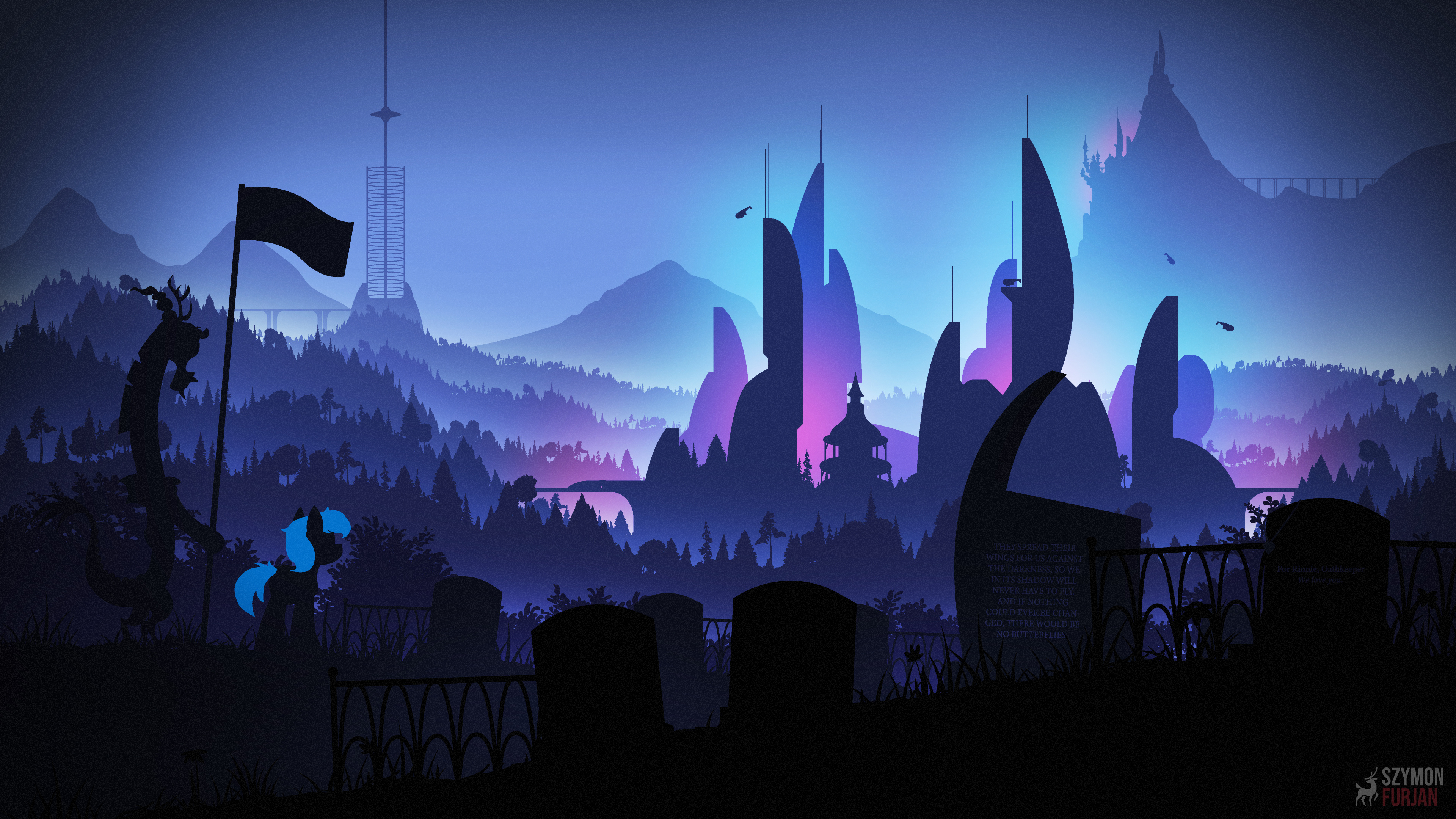 Free download AI art pictures fantasy art dark dusk minimalism landscape kingdom architecture silhouette tower nature mountain pony tree colorful glow illustration cyan 4K wallpaper, Wallpaper(s) website provided.