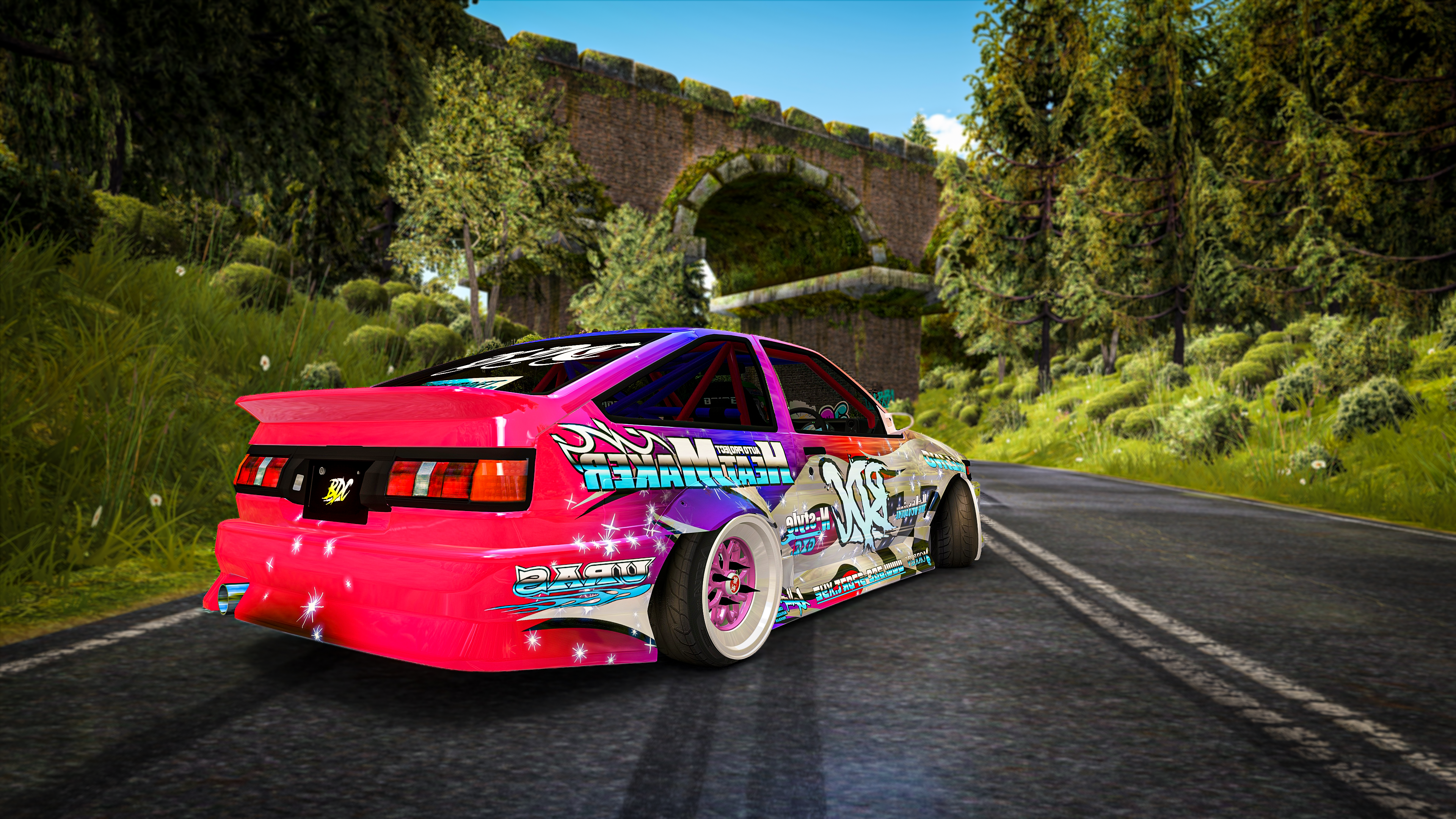 Free download Toyota Drift Car Road Forest Jungle Bridge CGI Trees Video Game Reflection Video Game Rearview Mirror Grass 4K Wallpaper, Wallpaper(s) website provided.