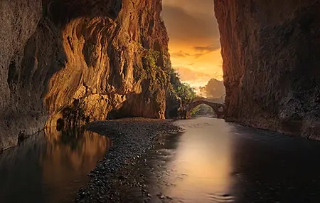 Free download Mountains Sunset Bridge Sunset Sky Water Cloud Reflection Trees 4K Wallpaper, Wallpaper(s) website provided.