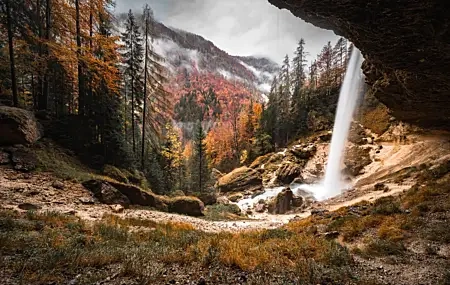Free download Nature Landscape Forest Waterfall Cave Fog Cloud Autumn 4K Wallpaper, Wallpaper(s) website provided.