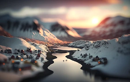 Free download Art tilt town river snow golden hour mountains sunset glow water 4K wallpaper, Wallpaper(s) website provided.