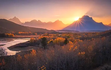 Free download Sunset Mountains Forest Landscape Nature Autumn River Sunshine 4K Wallpaper, Wallpaper(s) website provided.