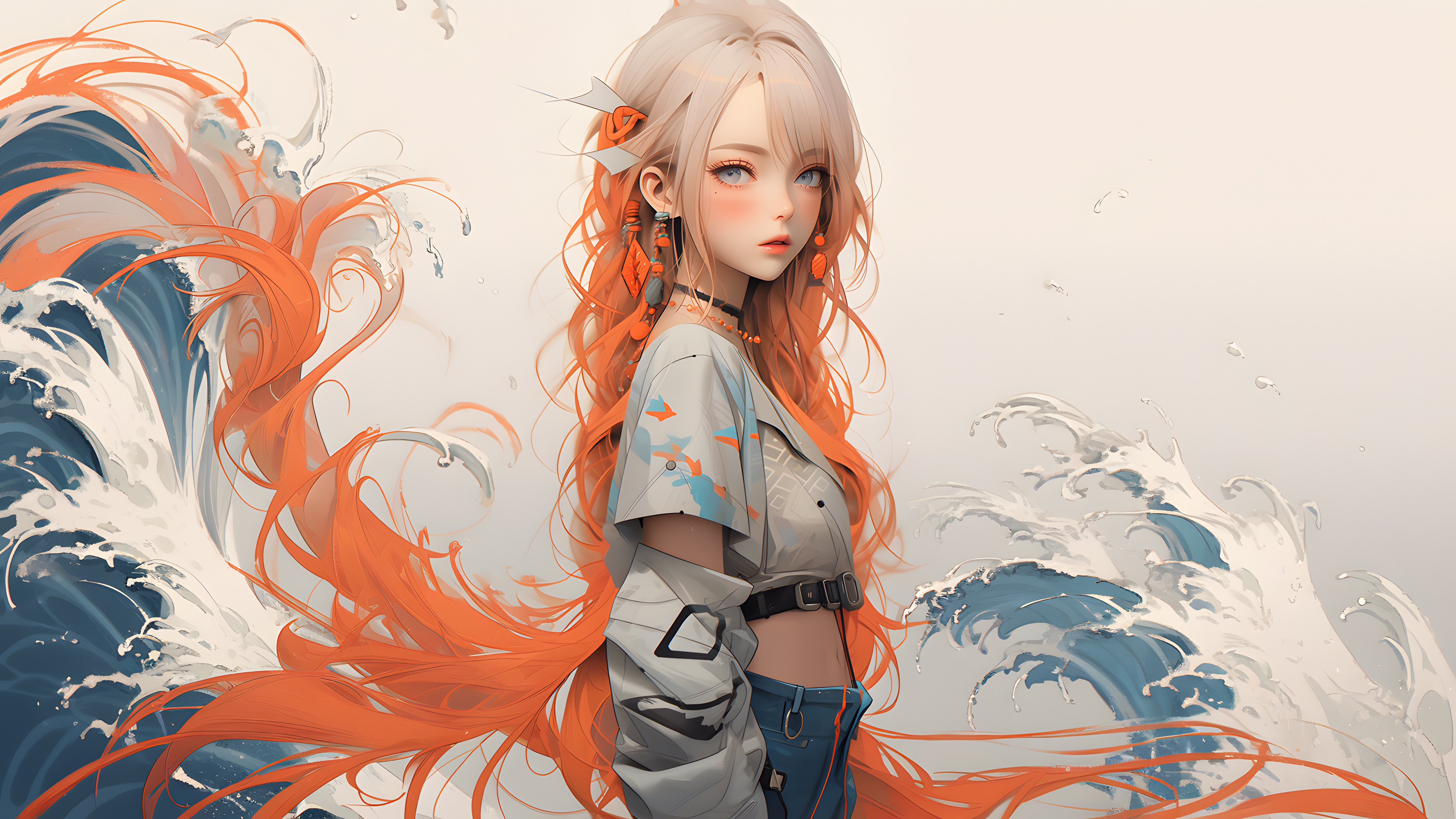 Free download Female Long Hair Mole Tears Mole Art Water AI Art Simple Background Wave Minimalism Two-color Hair Pastel 4K Wallpaper, Wallpaper(s) website provided.