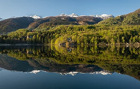 Free download nature landscape trees forest water reflection clear sky plane houses mountains snow mountain lake lake 4K wallpaper, Wallpaper(s) website provided.
