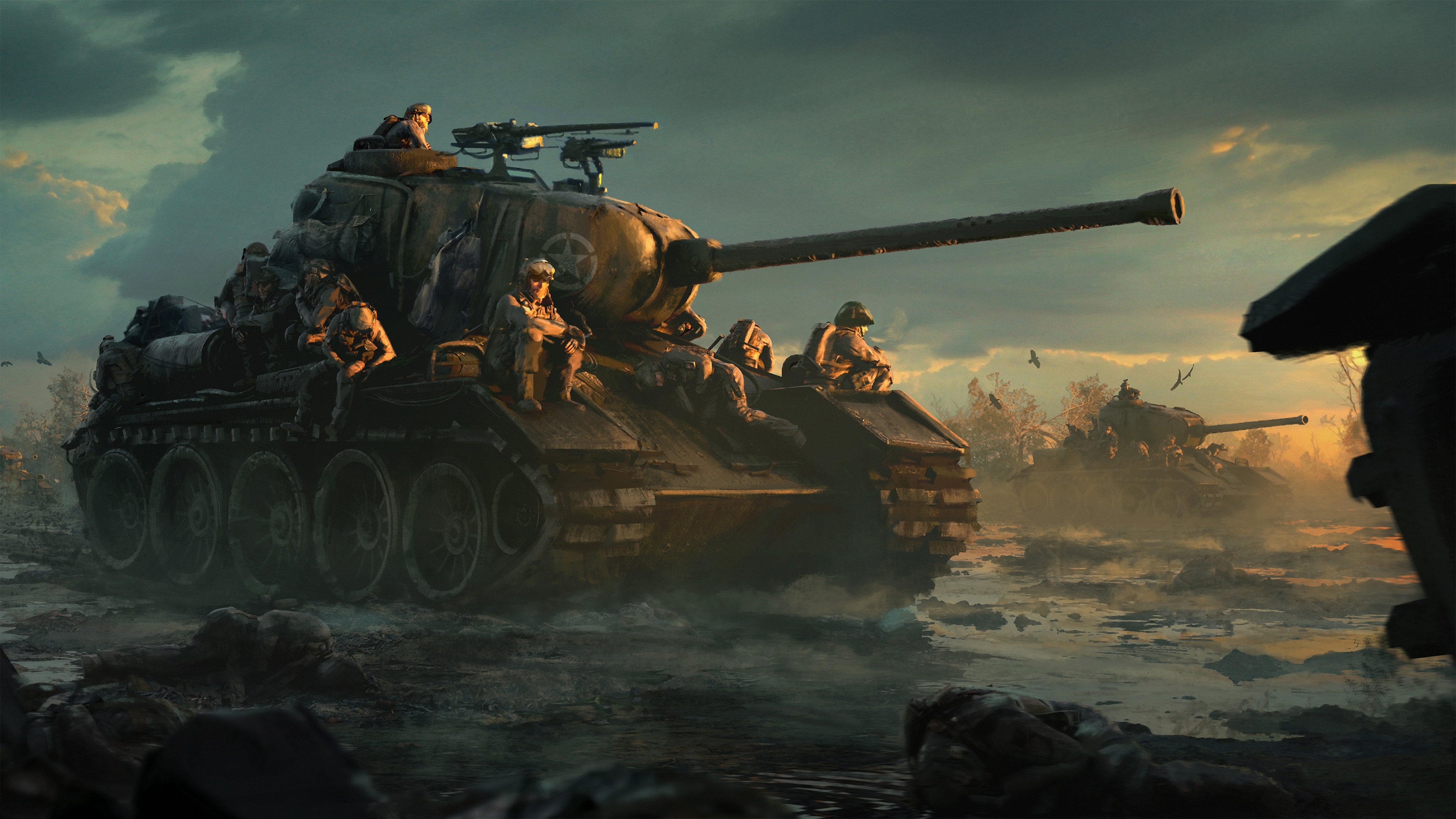 Free download Soldier Tank War AI Art Sunset 4K Wallpaper, Wallpaper(s) website provided.