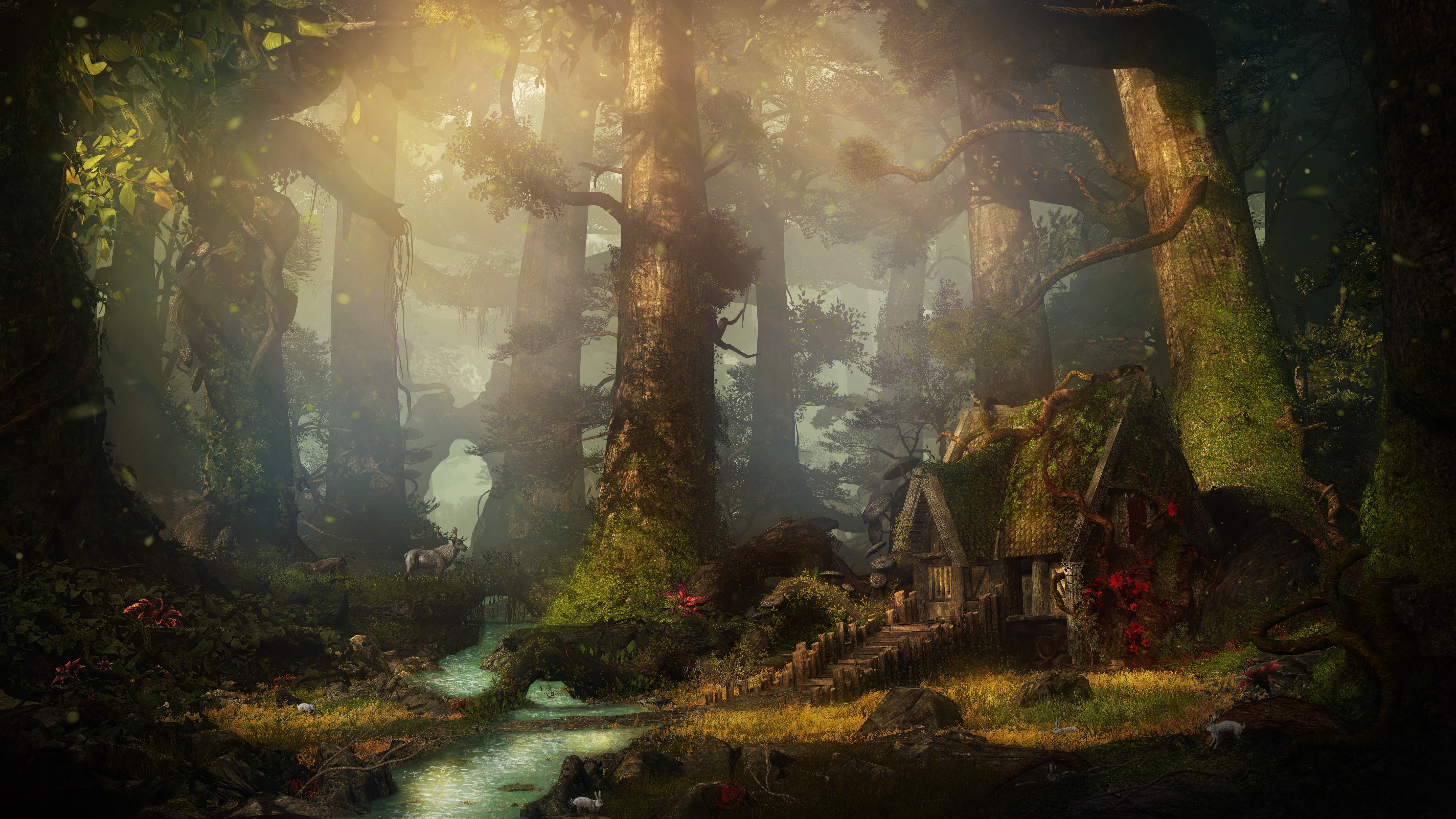 Free download Fantasy Art Forest Trees Nature Houses 4K Wallpaper, Wallpaper(s) website provided.