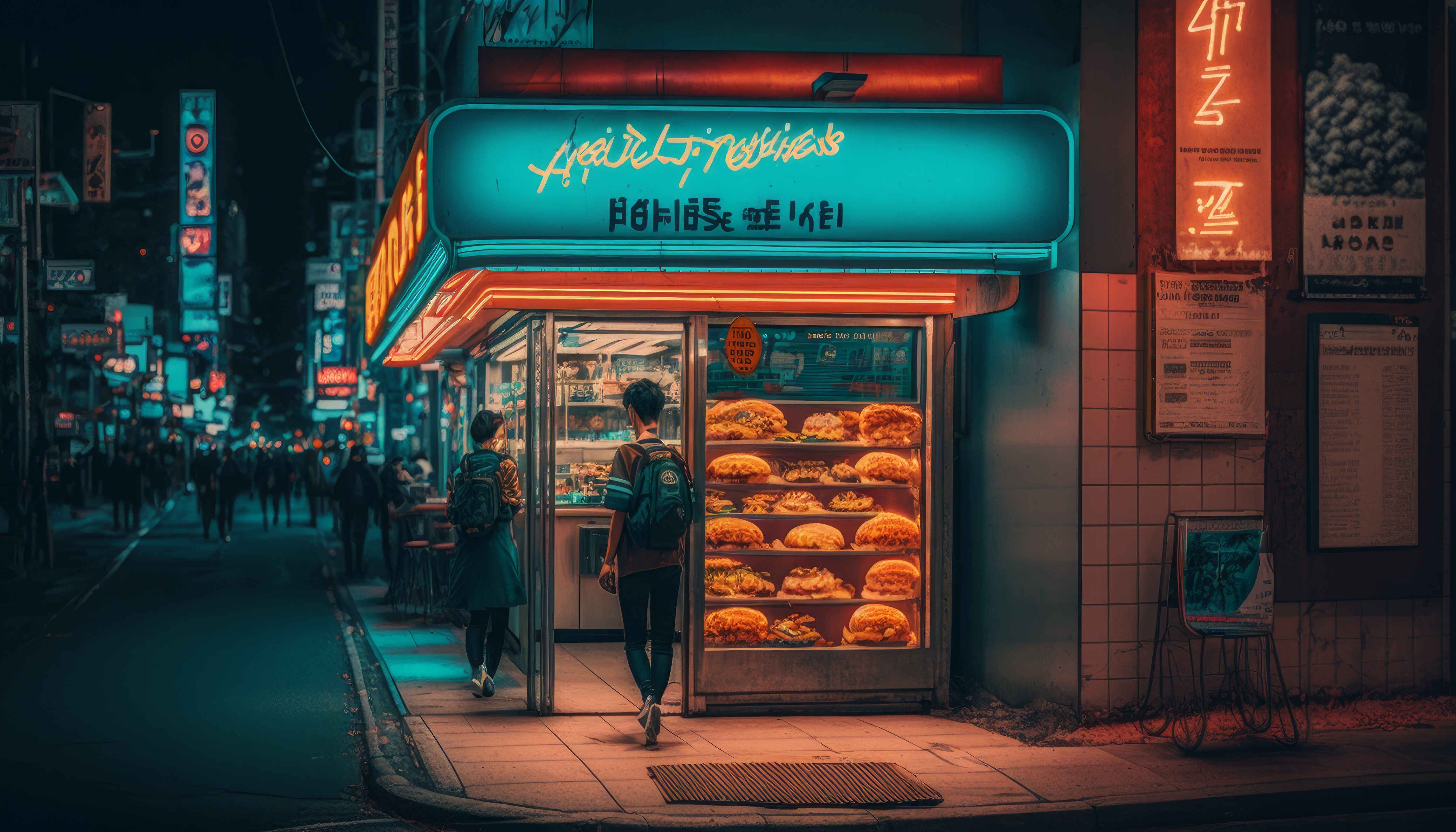 Free download Art illustration street neon food street lights lights backpack 4K wallpaper, Wallpaper(s) website provided.