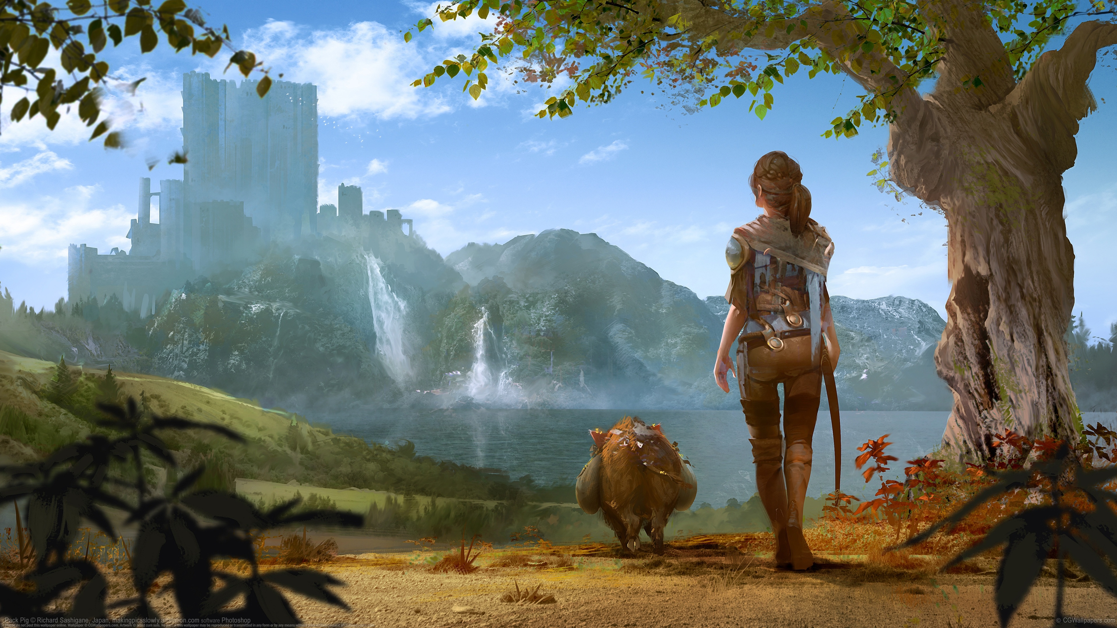 Free download Back Walk Girl Avenidao Vision Lake Tree Castle Anime Girl Looking into the Far 4K Wallpaper, Wallpaper(s) website provided.