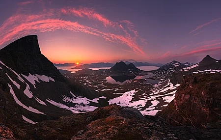 Free download Nature Landscape Mountains Snow Clouds Water Sun Rocks Vision Sunrise Lake 4K Wallpaper, Wallpaper(s) website provided.