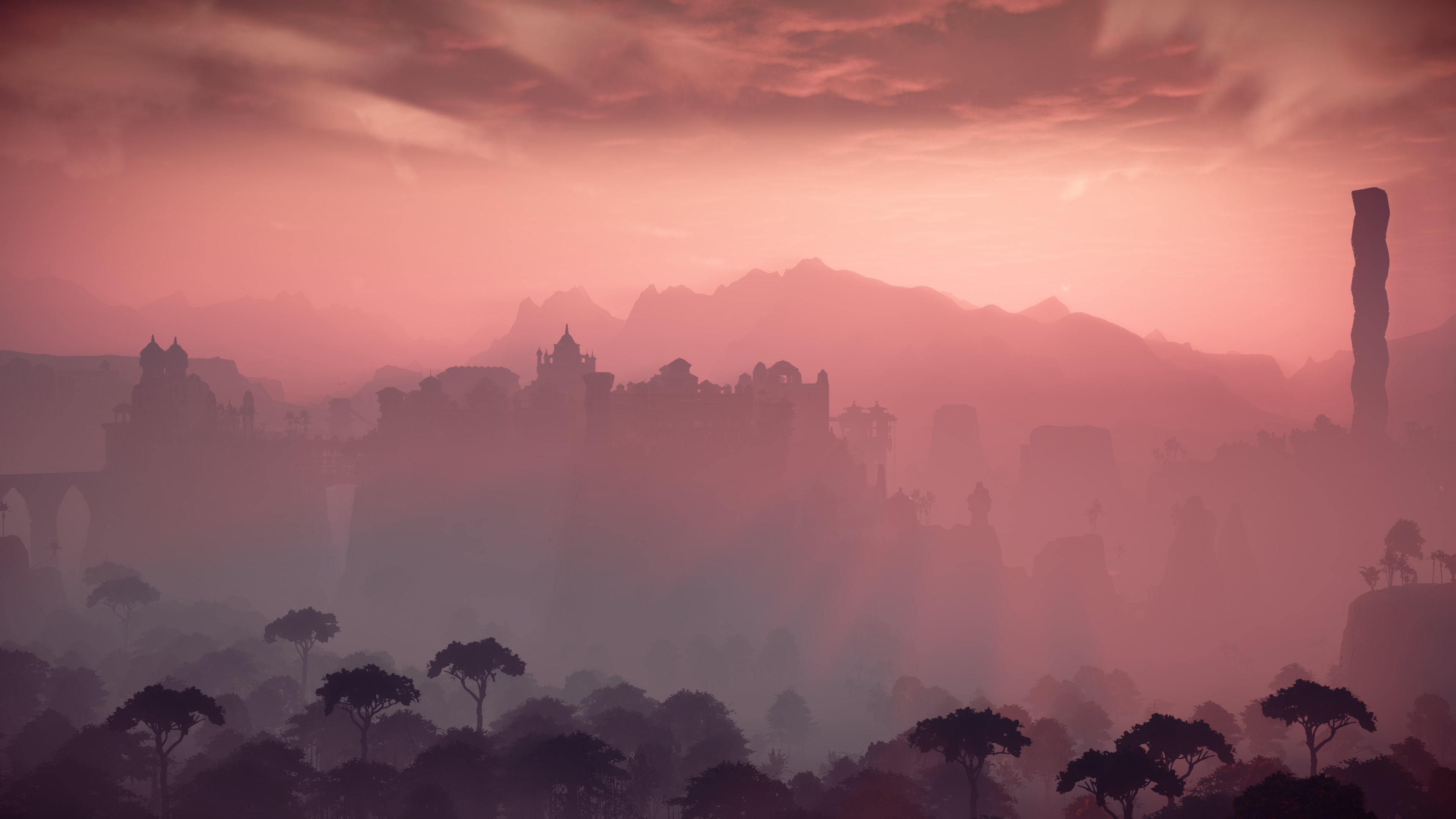 Free download Horizon Zero Dawn Silhouette Mist Trees Sunshine Landscape Palm Trees Sunset Video Games Mountain Chain Mountain Top 4K Wallpaper, Wallpaper(s) website provided.