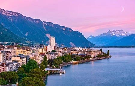 Free download nature landscape trees mountains sky moon architecture pier town crescent river lake city landscape 4K wallpaper, Wallpaper(s) website provided.