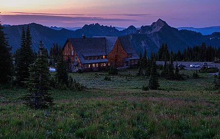 Free download nature landscape trees grass car houses mountains clouds sky lights national park 4K wallpaper, Wallpaper(s) website provided.