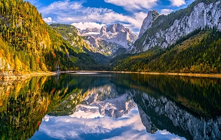 Free download Nature Landscape Water Reflection Clouds Sky Mountains Rocks Trees 4K Wallpaper, Wallpaper(s) website provided.