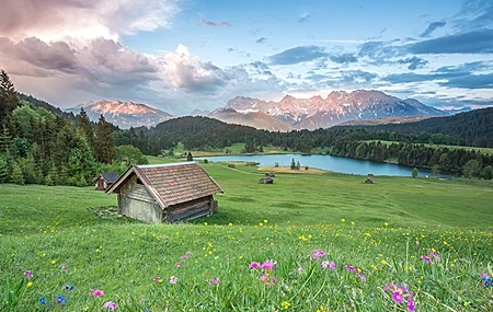 Free download Landscape cottage house meadow lawn white cloud lake flowers snow mountain 4K wallpaper, Wallpaper(s) website provided.