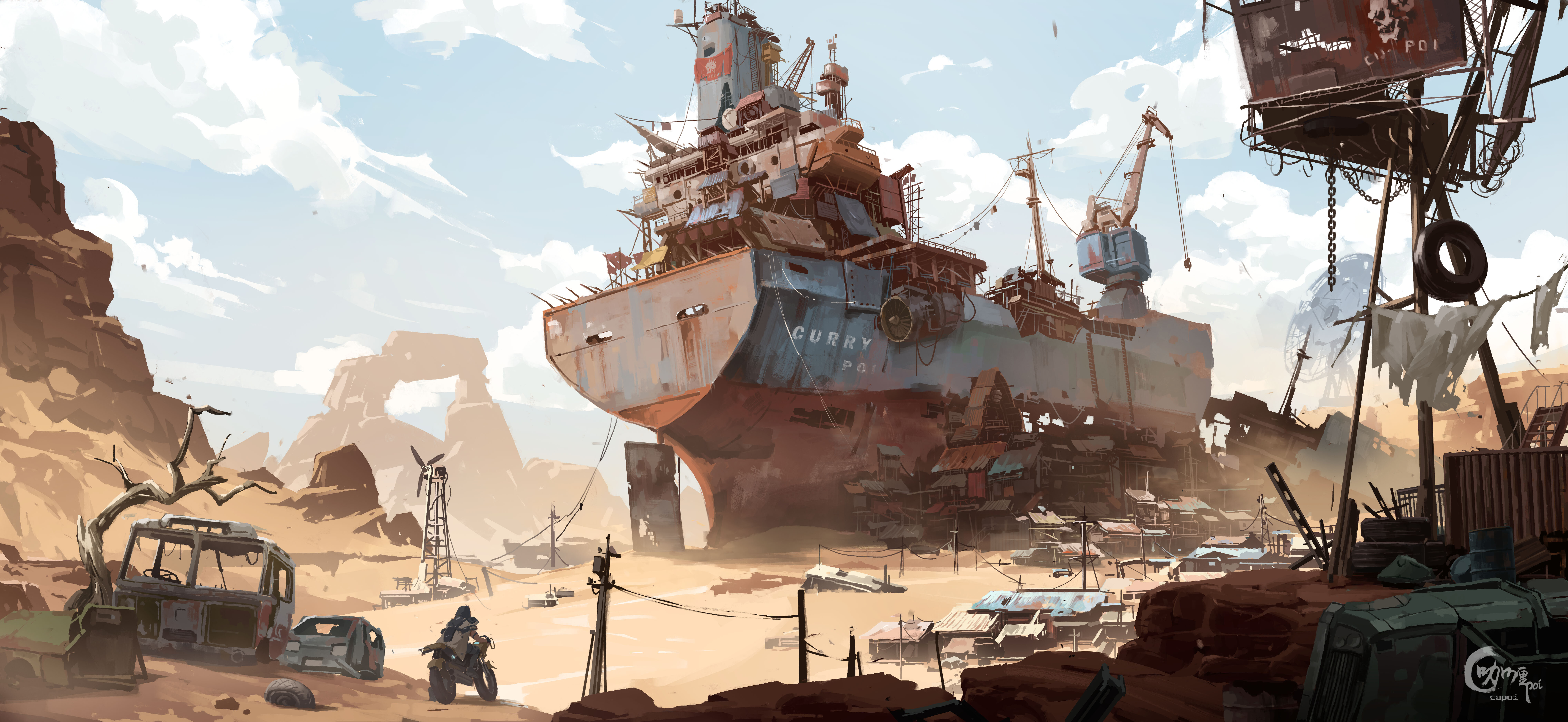 Free download Ship Desert Motorcycle Cloud Sky AI Art 8K Wallpaper, Wallpaper(s) website provided.