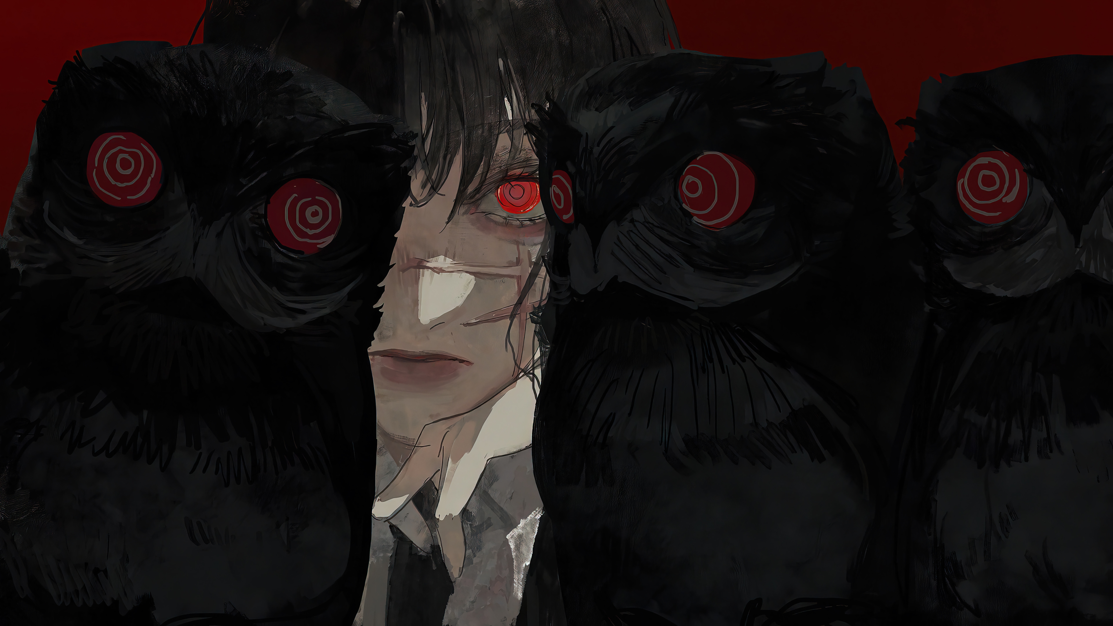 Free download Staring Red Eyes Chainsaw Man Red Background Anime Girl Three Tak Asakusa 4K Wallpaper, Wallpaper(s) website provided.