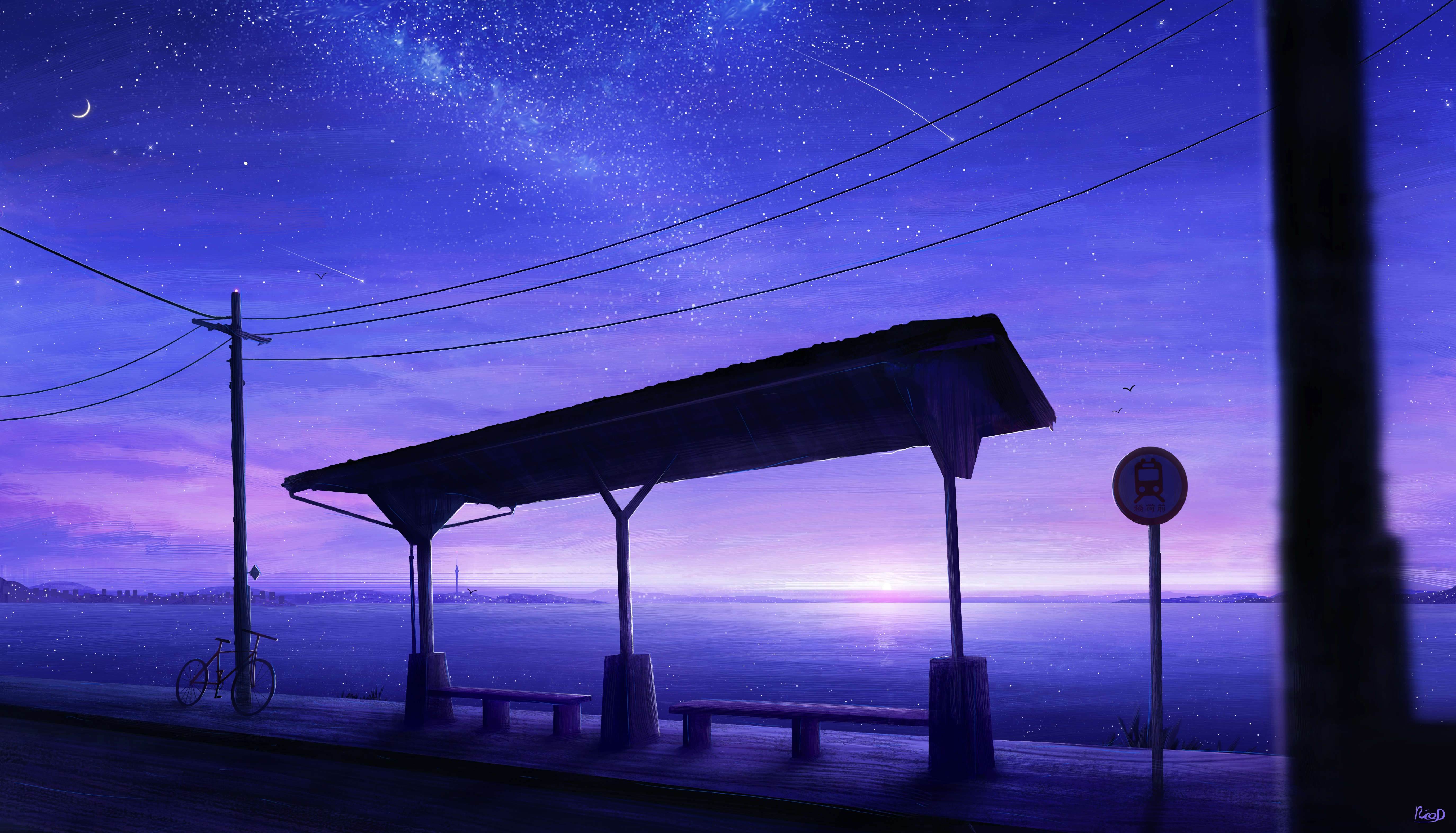 Free download Stars Bus Station Meteor Power Line Bicycle Ocean Sunset AI Art Bench 4K Wallpaper, Wallpaper(s) website provided.