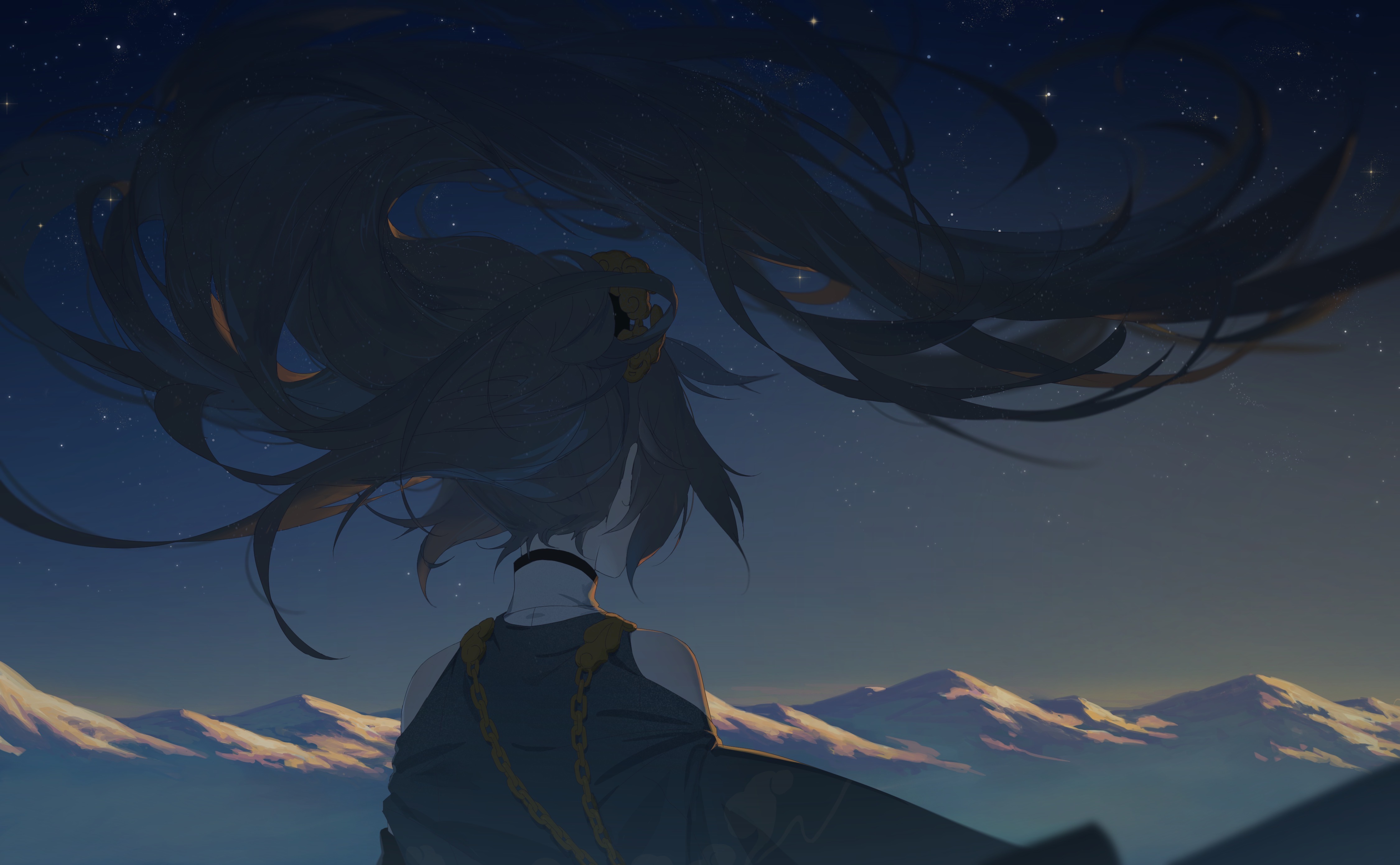 Free download Long hair anime girl mountain stars sunset 4K wallpaper, Wallpaper(s) website provided.