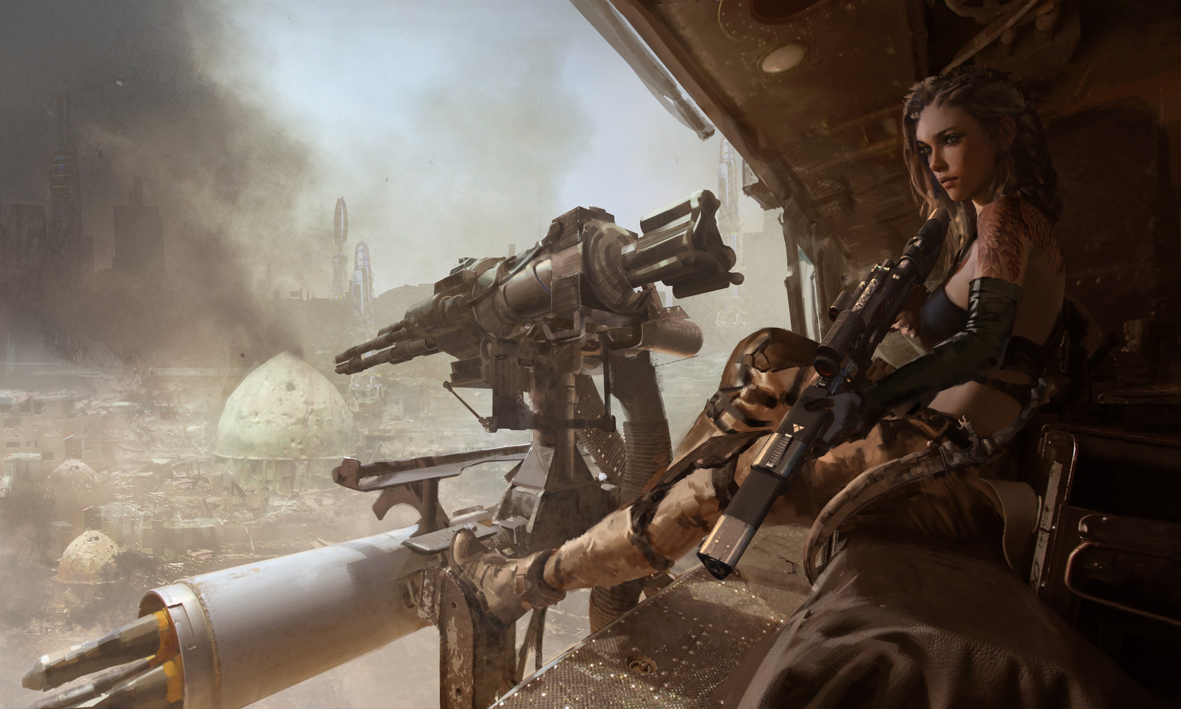 Free download Gun Girl Woman Dark Hair Myth Video Games AI Art Futurism Tattoo 4K Wallpaper, Wallpaper(s) website provided.