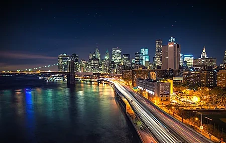 Free download city landscape bridge highway night light road river bridge skyscraper star light trail 4K wallpaper, Wallpaper(s) website provided.