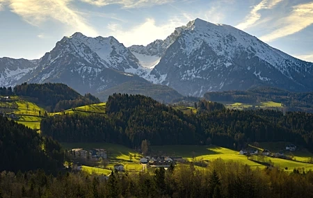 Free download nature landscape trees forest sky clouds sunshine houses buildings mountains snow grass hills village 4K wallpaper, Wallpaper(s) website provided.