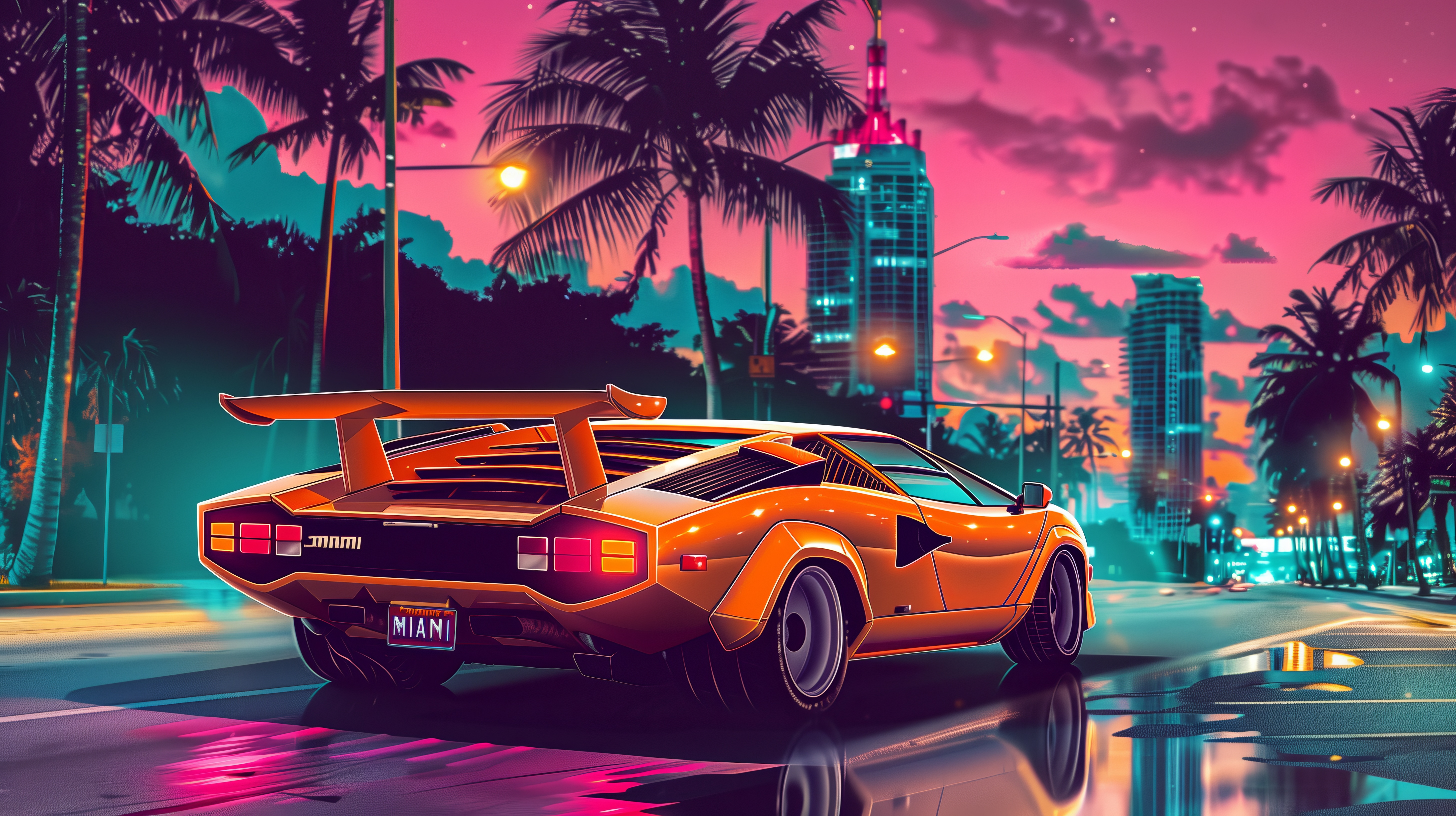 Free download Artificial Intelligence Art Illustration Lamborghini Countach Palm Tree Ripples Orange Computer Wallpaper 4K Wallpaper, Wallpaper(s) website provided.