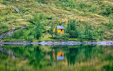 Free download Landscape Environment Trees Lake Hut Nature Water Green Outdoor Reflection 4K Wallpaper, Wallpaper(s) website provided.