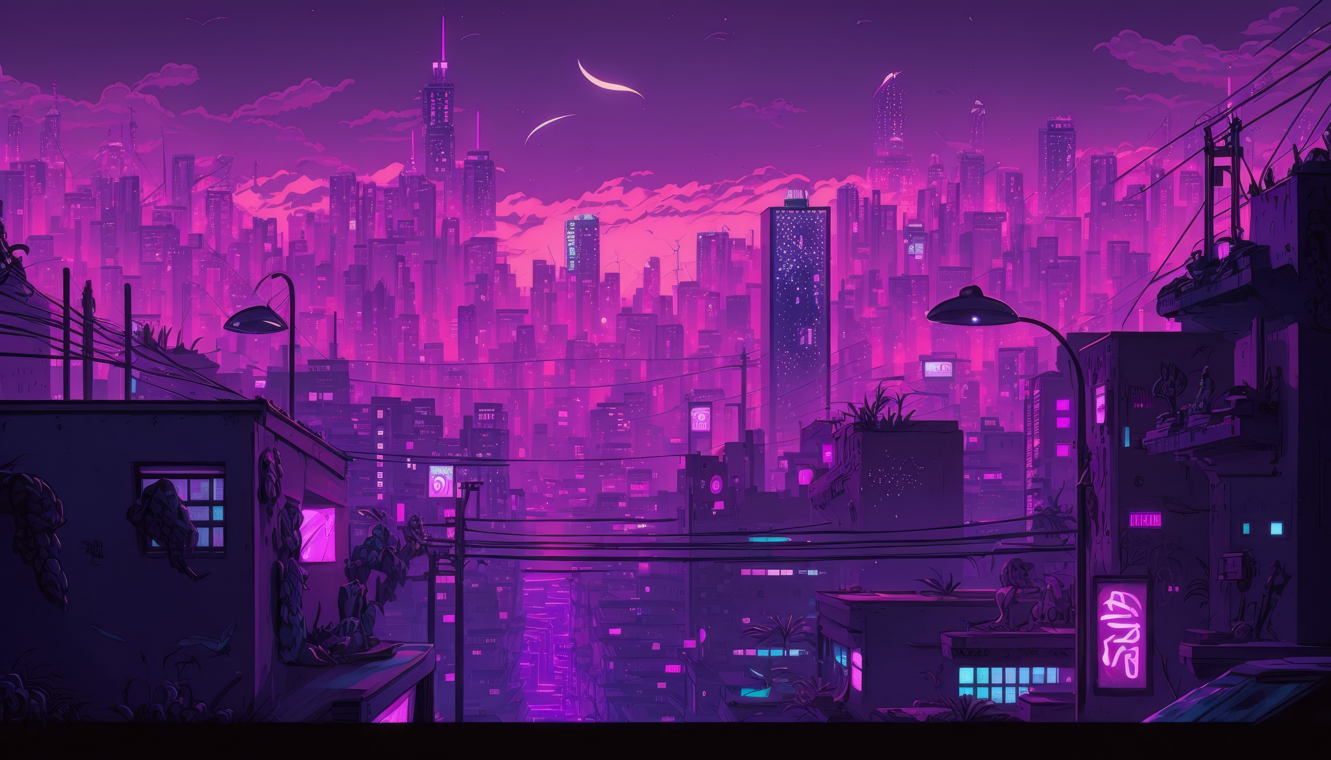 Free download City Illustration Purple City Lights Architecture 4K Wallpaper, Wallpaper(s) website provided.