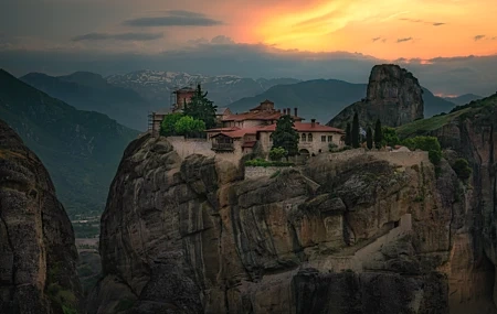 Free download Nature Landscape Sky Cloud Rock Mountains Trees Monastery 4K Wallpaper, Wallpaper(s) website provided.