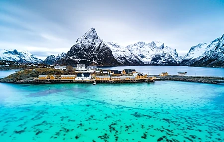 Free download Nature Landscape Village Houses Mountains Sky Rocks Snow Mountains Winter Water Islands Seaside 4K Wallpaper, Wallpaper(s) website provided.