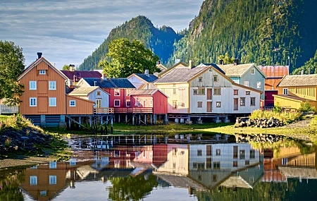 Free download nature landscape houses village rock meadow plants water mountain cloud reflection sky river architecture trees 4K wallpaper, Wallpaper(s) website provided.