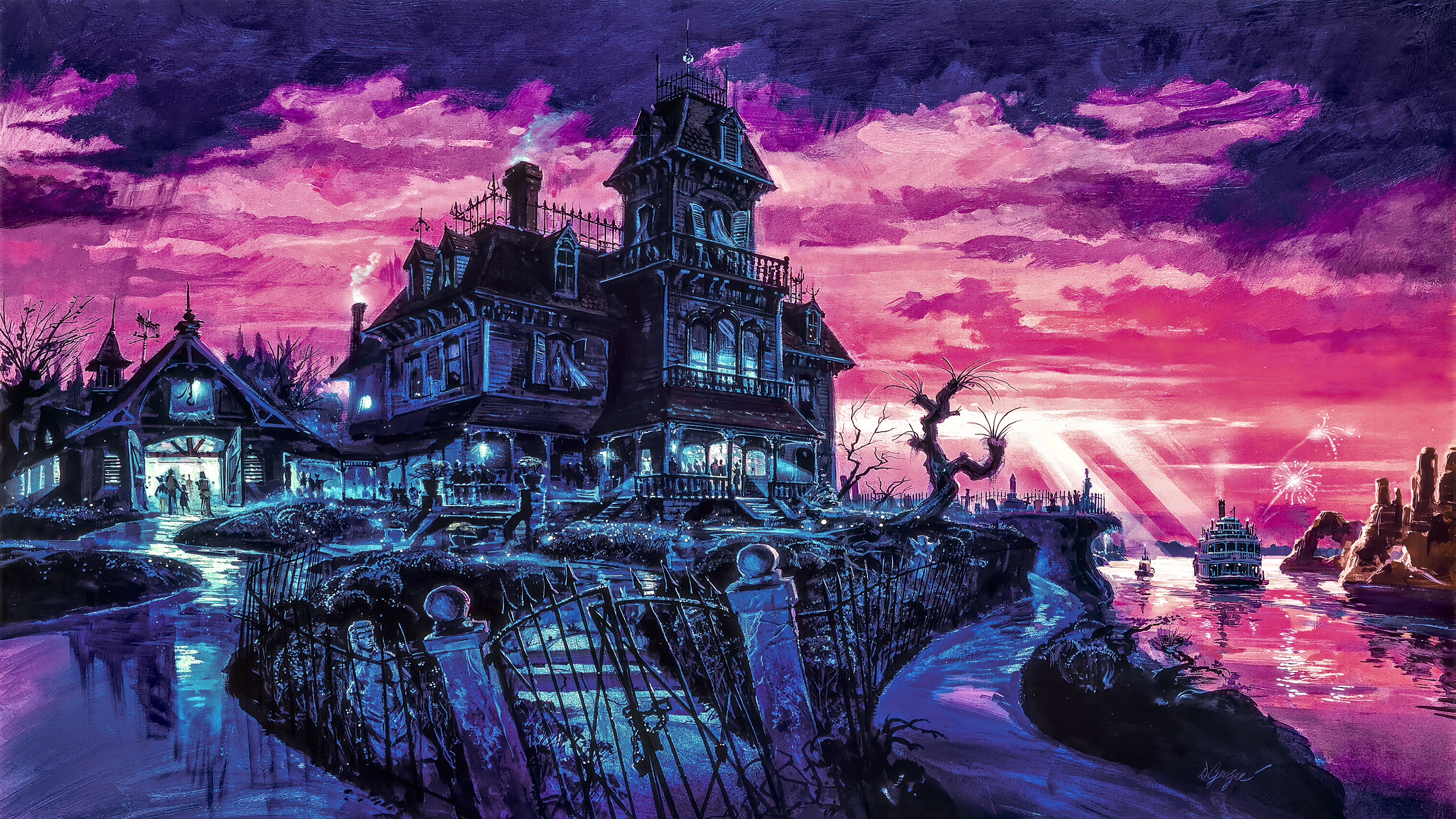 Free download Haunted House Painting Colorful Blue 4K Wallpaper, Wallpaper(s) website provided.