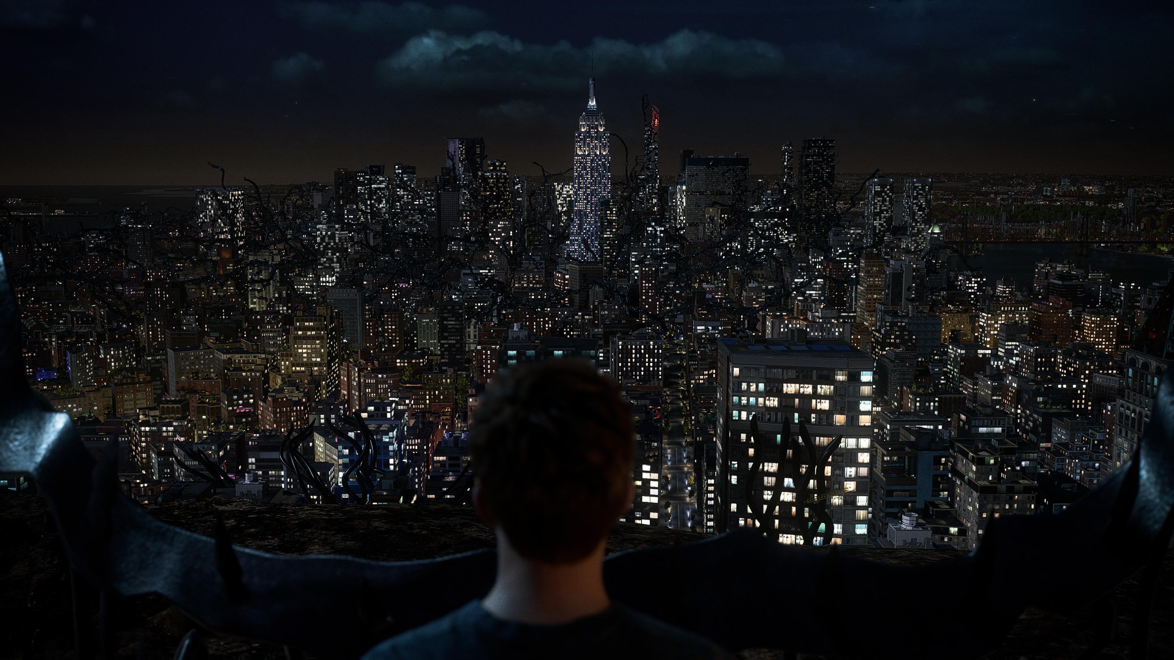 Free download Peter Video Game Character Standing Spiderman Screenshot City Landscape Clouds Sky Night Buildings Skyscrapers City Lights Superhero Looking into the Distance 4K Wallpaper, Wallpaper(s) website provided.
