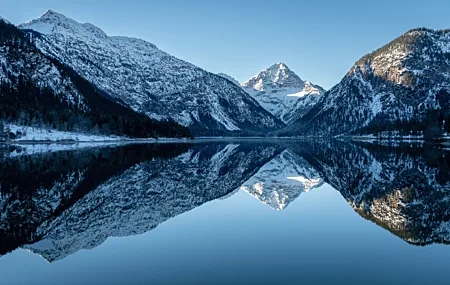 Free download Nature Landscape Trees Mountains Snow Water Reflection Winter Sunny Sky 4K Wallpaper, Wallpaper(s) website provided.